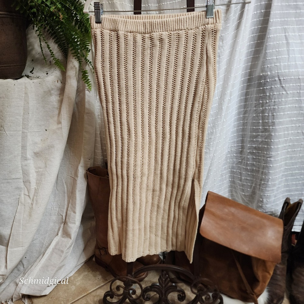 Freshman 1996 Womens Tan Knit Midi Skirt Side Slit Ribbed Pointelle Size S